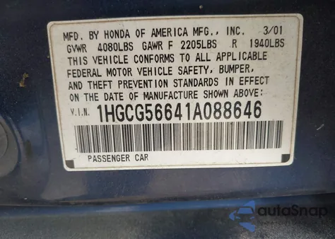 2001 Honda Accord 2.3 Ex from USA, damaged, VIN 1HGCG56641A088646